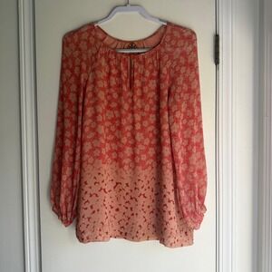Tory Burch Coral Red Floral Star Print 100% Silk Keyhole Blouse Top Size 6